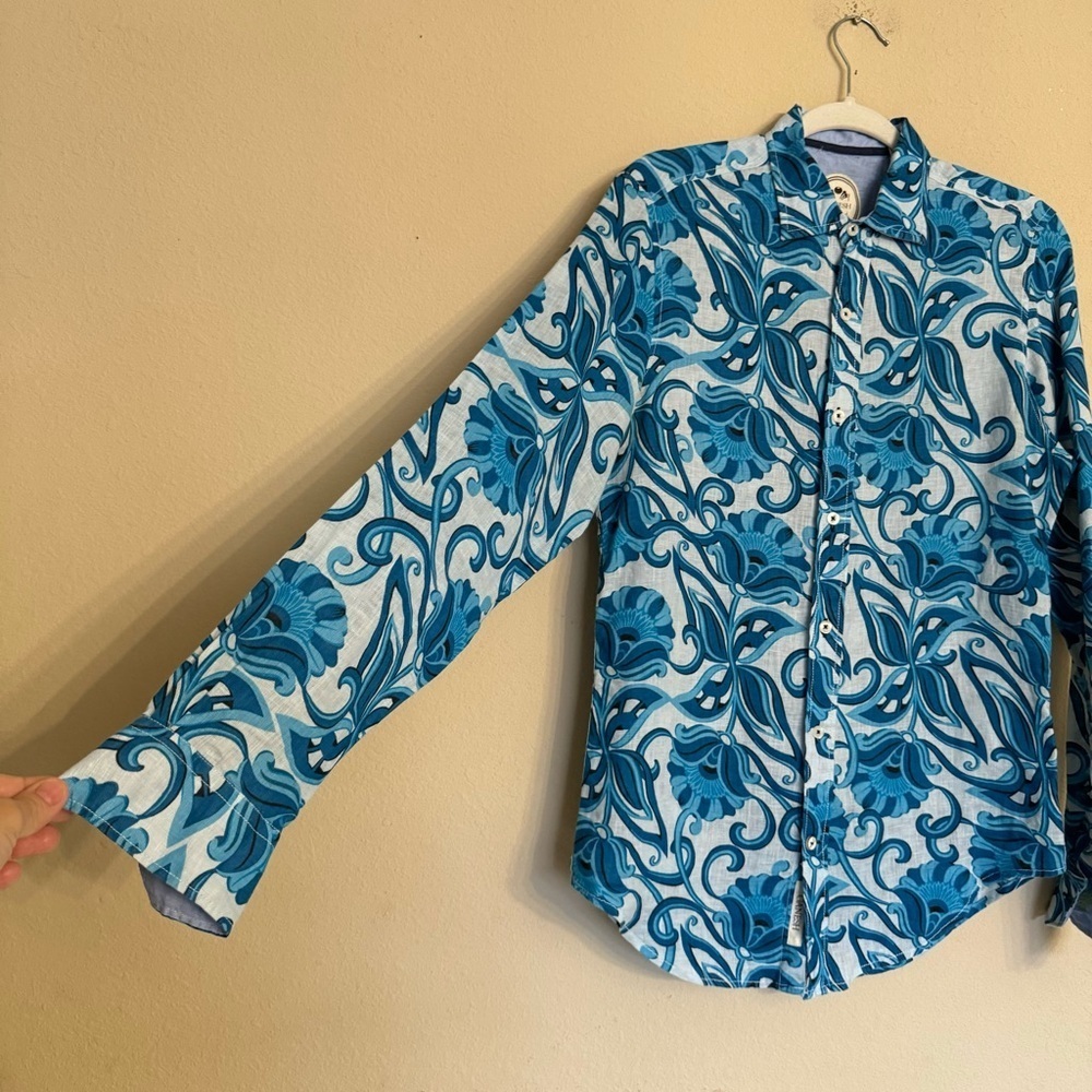 Ganesh Linen Blue White Floral Button Up Men's Casual Shirt Size S Spring Summer